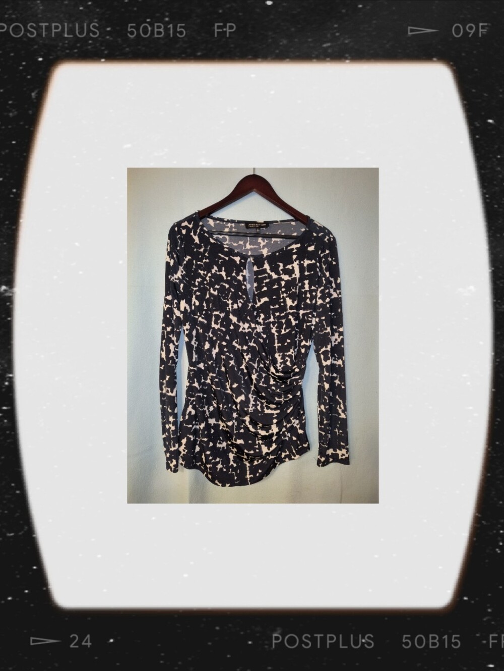 Jones New York Collection XL Black White/Cream Abstract Ruched Long Sleeve Top